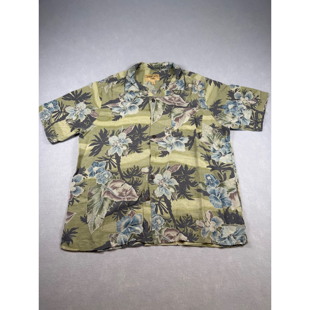 Havana Jacks Cafe Mens Large Floral Hawaiian Aloha Shirt Green Blue Hibiscus